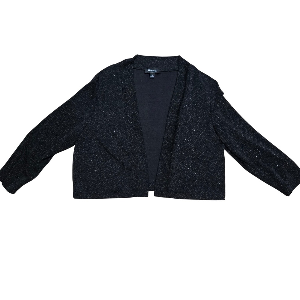 RN Studio Ronni Nicole Black Silver Shimmer Open Front Cropped Cardigan Large